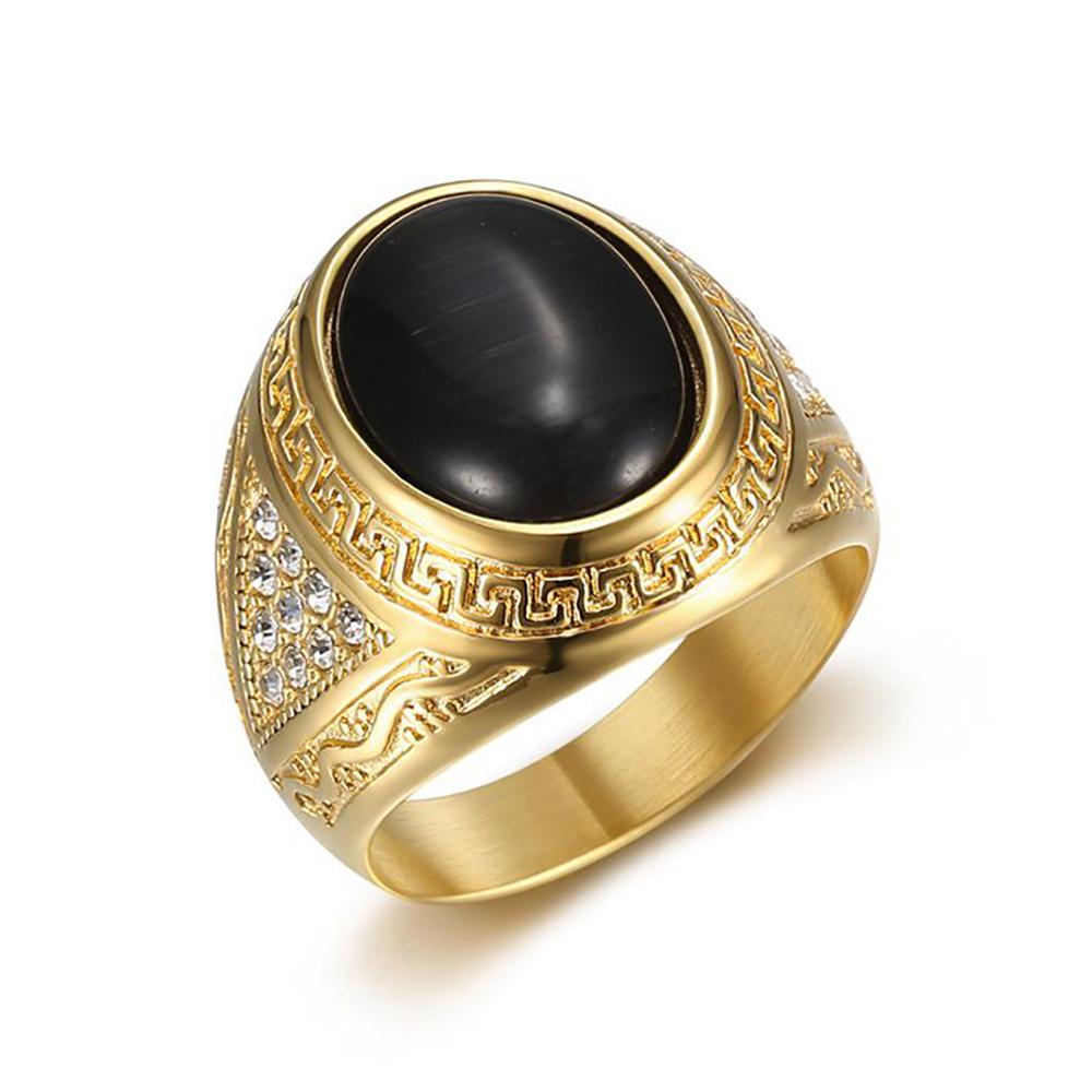 Vintage Classic Gold Color Stainless Steel Rings for Men Women Fashion Green/Black Stone Ring Biker Solid Finger Jewelry Gift