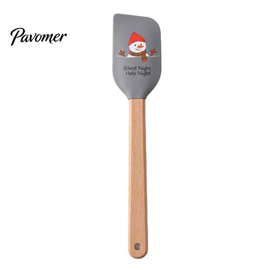 Decorative Holiday Baking Utensils Silicone Spatula with Wooden Handle, Christmas Tree/Snowman/Santa Claus/Elk Pattern for Decor, Heat Resistant