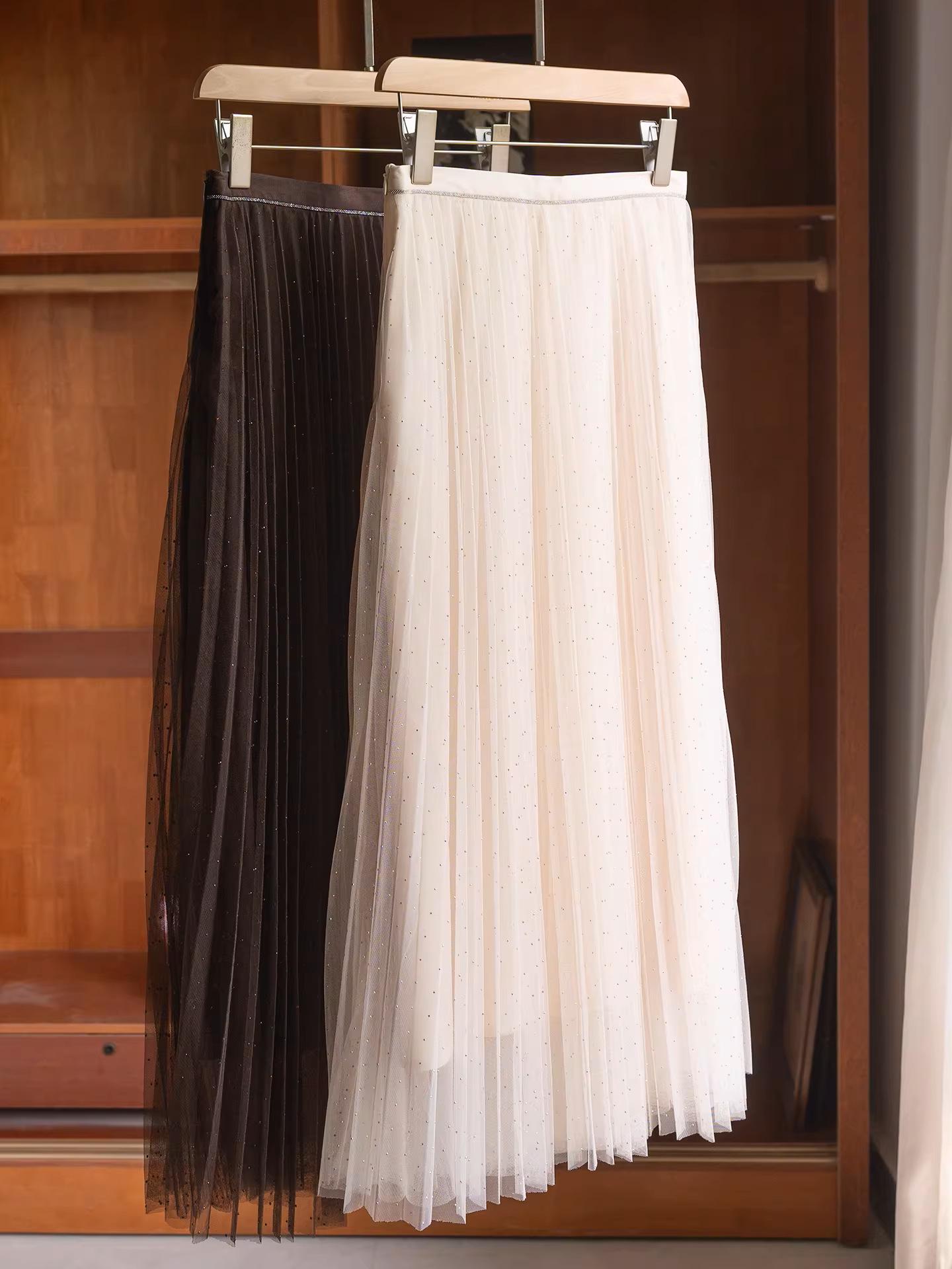 

High-Quality Rhinestone Beaded Chain Mesh A-Line Pleated Skirt for Women XL абрикосовий