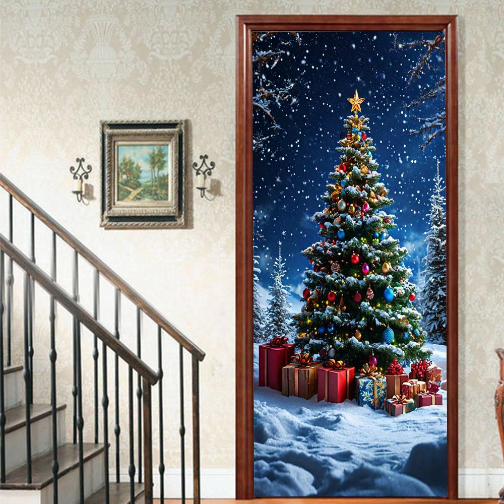 Christmas Tree PVC Self-Adhesive Waterproof Door Sticker Modern Simulation Door Mural Wallpaper Living Room Study Home Decor Art Door Poster