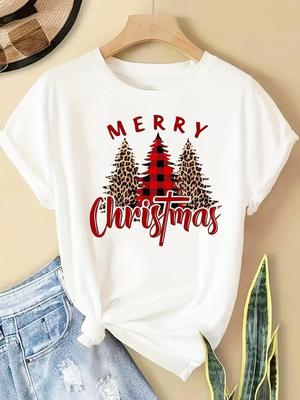 (Taille asiatique) nouvel an T Vêtements T-shirts à manches courtes Imprimé joyeux Noël style arbre à carreaux col rond Haut pour femme Mode vacances T-shirt graphique