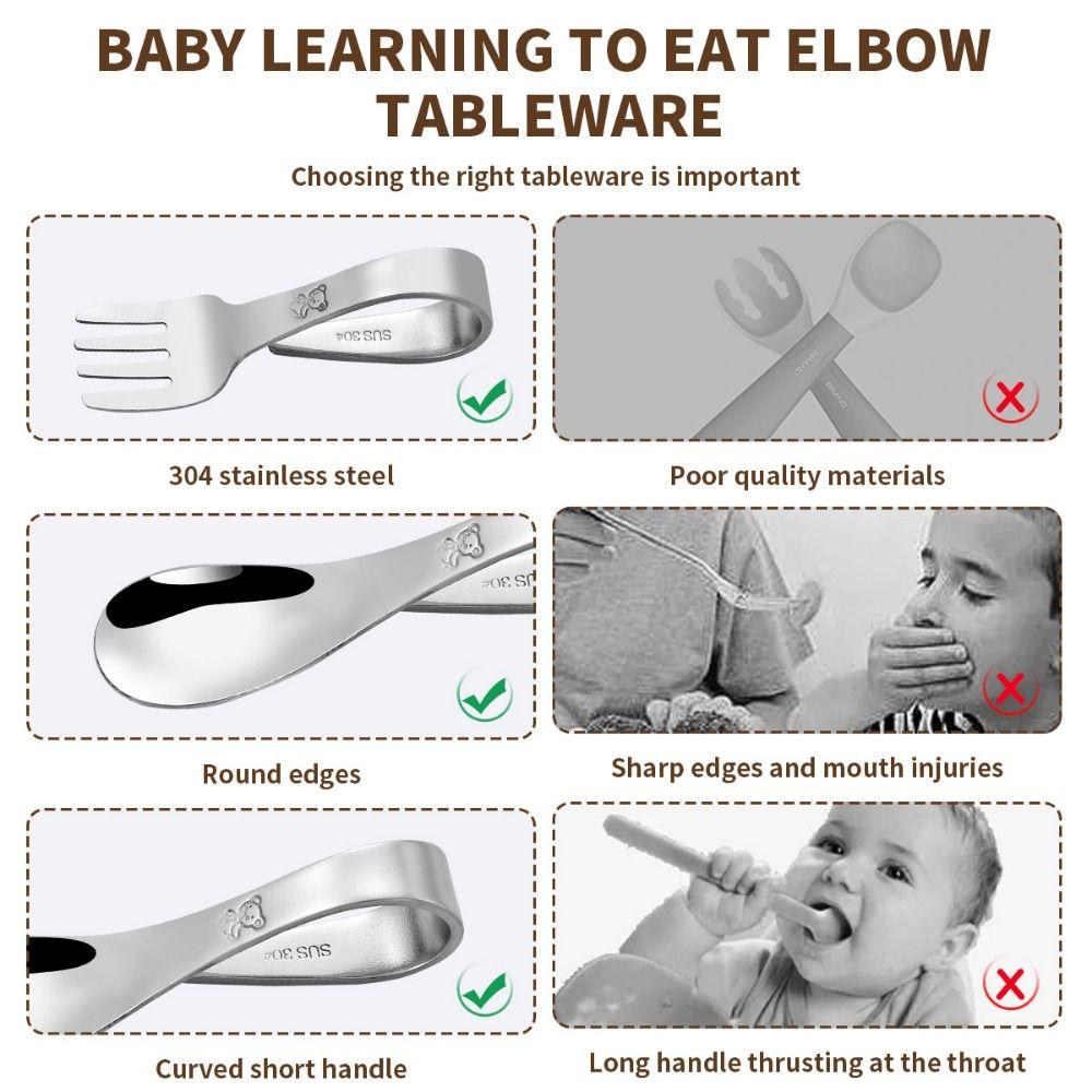 Stainless Steel Baby Forks and Spoons Set Curved Handle with Storage Box Cute Training Spoon Fork Anti-Choke Design Portable