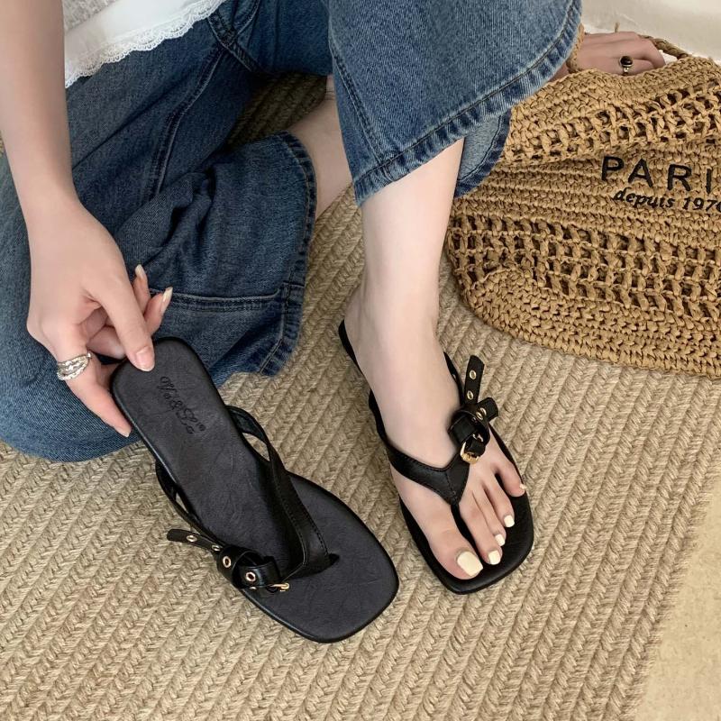 Fashion Fashion Square Toe Belt Buckle Flat Slippers Women Summer Sexy Clip Toe Flip-flops Comfortable Non-slip Vacation Beach Sandals
