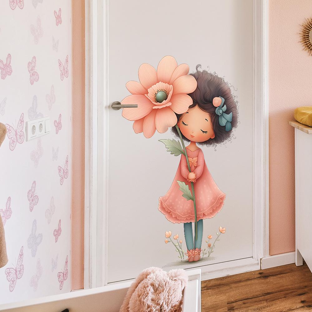 Self-adhesive Wall Stickers Cartoon Girl with Flowers for Kids Room Bedroom Living Room Home Decor