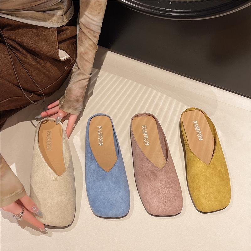 Fashion Baotou semi-topless women's 2025 Spring and autumn new versatile and simple one-foot comfortable Muller square toe flat shoes