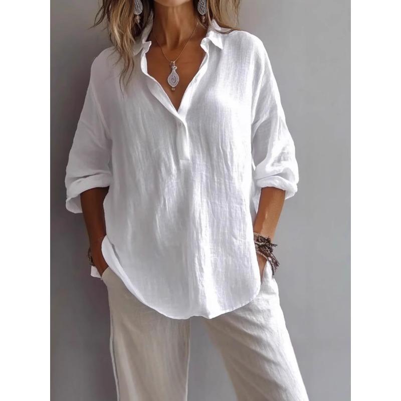 pink linen blend collared half placket long sleeve shirt for women S белый