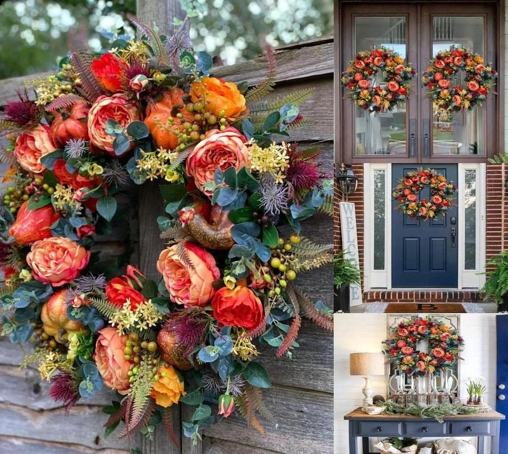 Fall Peony and Pumpkin Wreath, Autumn Year Round Wreaths for Front Door, Artificial Fall Wreath, Autumn Front Door Wreath Thanksgiving Wreath