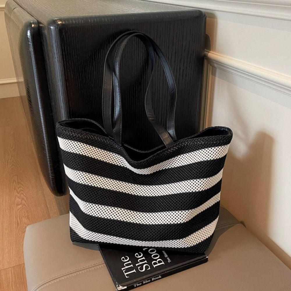 Korean Style Black and White Striped Tote Bag Large Capacity Hollow Shoulder Bag Girls
