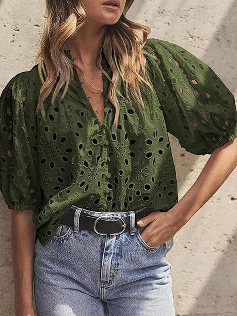 Top Estivo da Donna Moda Casual Manica a Lanterna Scollo a V Bottoni Ricamo Intrecciato in Pizzo Camicia
