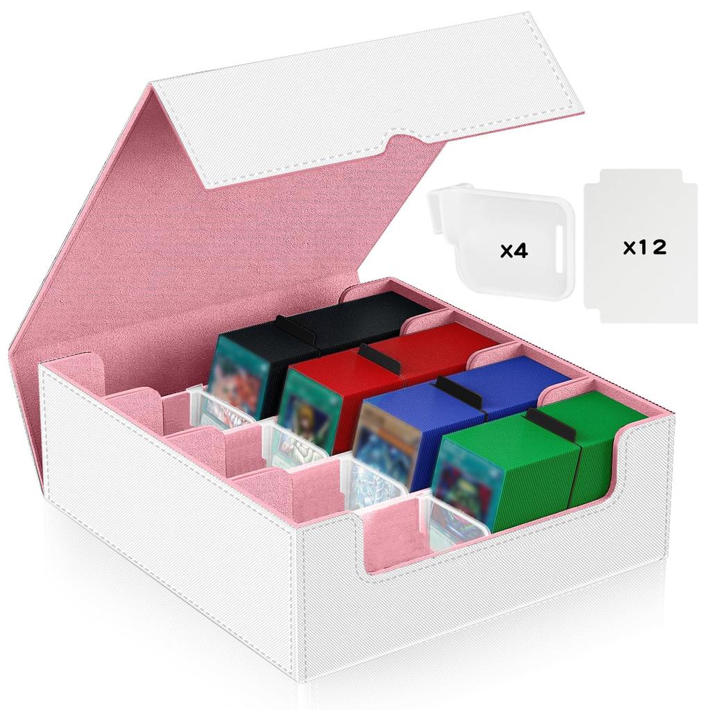 Deck Holds Over 3000 4 PU 12 Compartments Case, Cards, Columns, Built-in Magnets, Leather, (White + Pink)