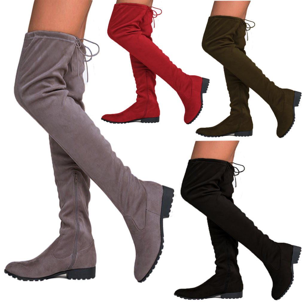 Womens Thigh High Boots Over The Knee Party Stretch Flat Low Heel Lace Up Shoes Womens Thigh High Boots Over The Knee Party Stretch Flat Low Heel Lace Up Shoes