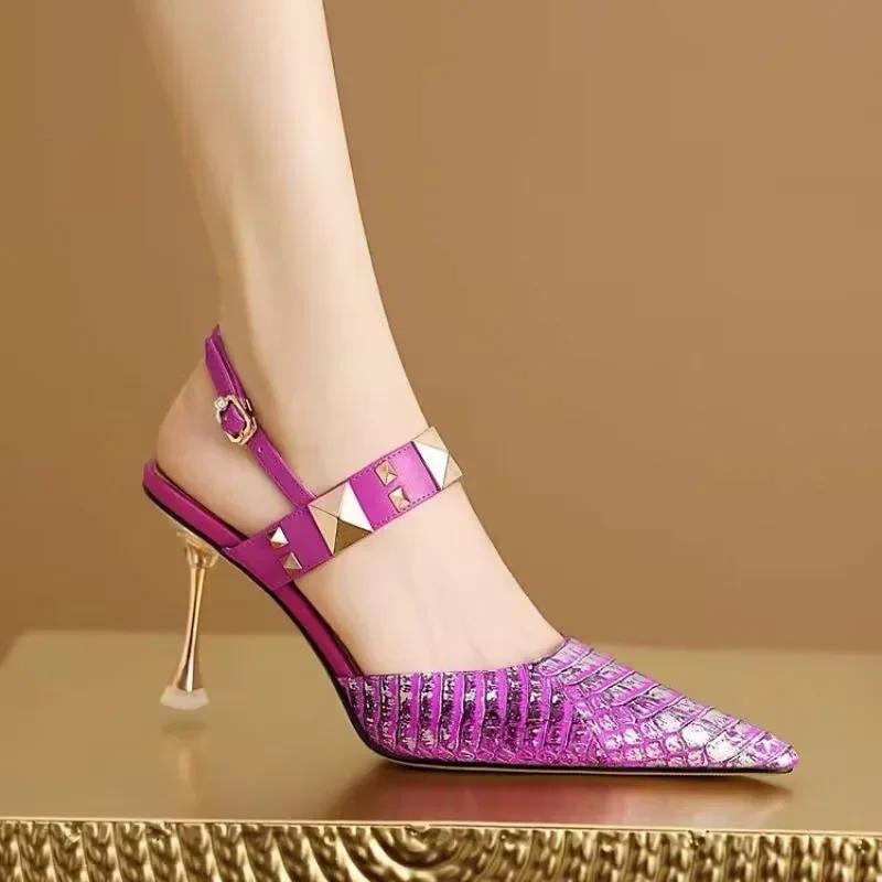 2025 Women's High Heels Plus Size Party Pumps Women Rivet Pointed Toe Buckle Strap Thin Heels Sandals Shoes for Women Zapatos