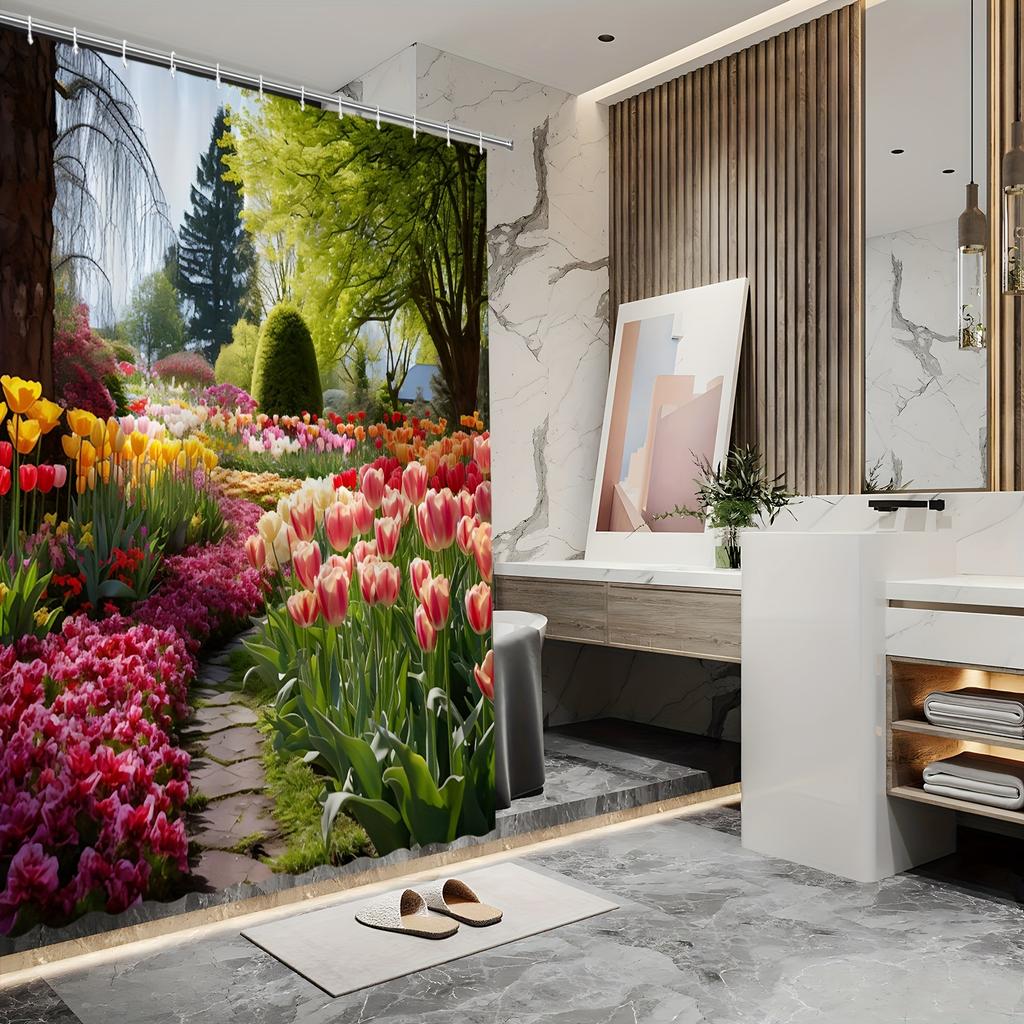 Spring Tulip Garden Shower Curtain - Vibrant Flower Path & Lush Greenery Theme for Bathroom Decor, Adds Freshness and Beauty