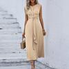Women's Fashion Casual -Color Waist-Tied Long Sleeveless Dress