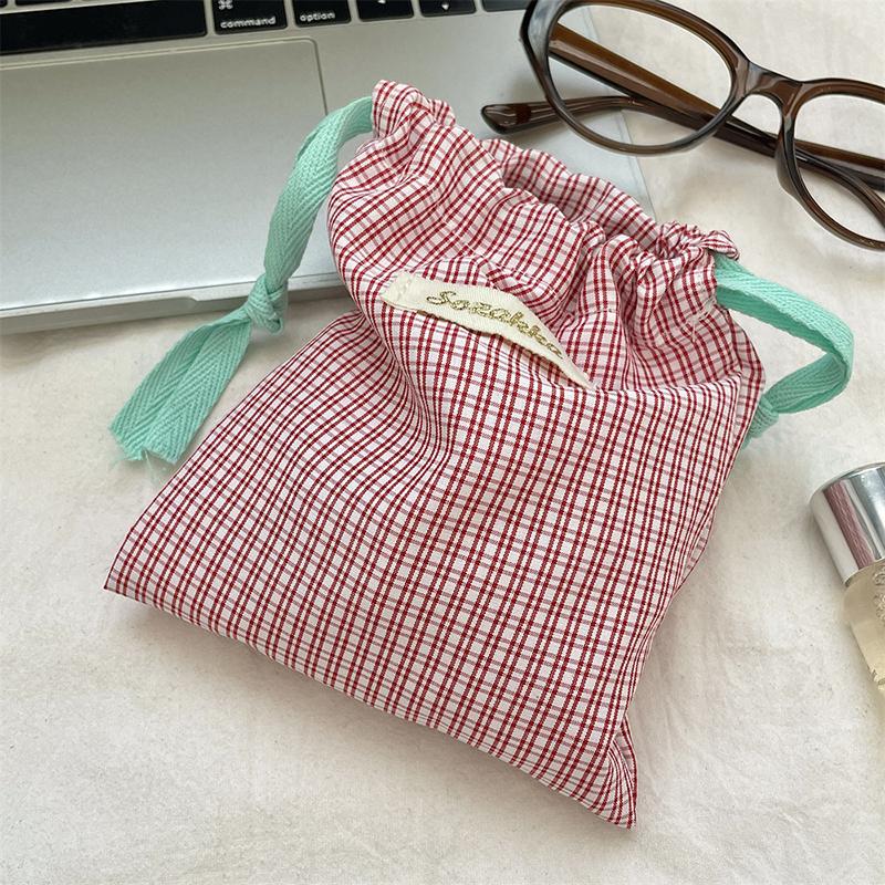 Checkered Pattern Lipstick Makeup Bag With Drawstring Simple Jewelry Handbag Large Capacity Storage Pouch