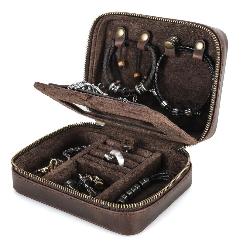 Retro Crazy Horse Cowhide Leather Jewelry Travel Storage Box