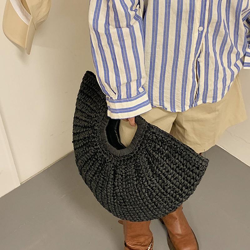 Sommerhalm Kvinner Half-moon Beach Handbag Rattan Håndlaget håndtak Mote Kintted Tote Bag