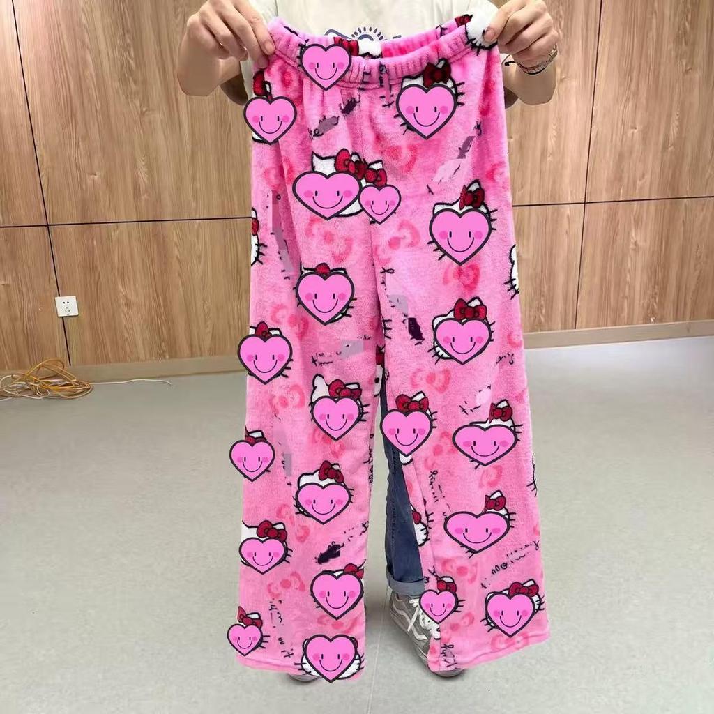 Damen Hello Kitty Halloween Flanell Schlafhose - Dick, gemütlich und mit Samt gefüttert für Herbst und Winter
