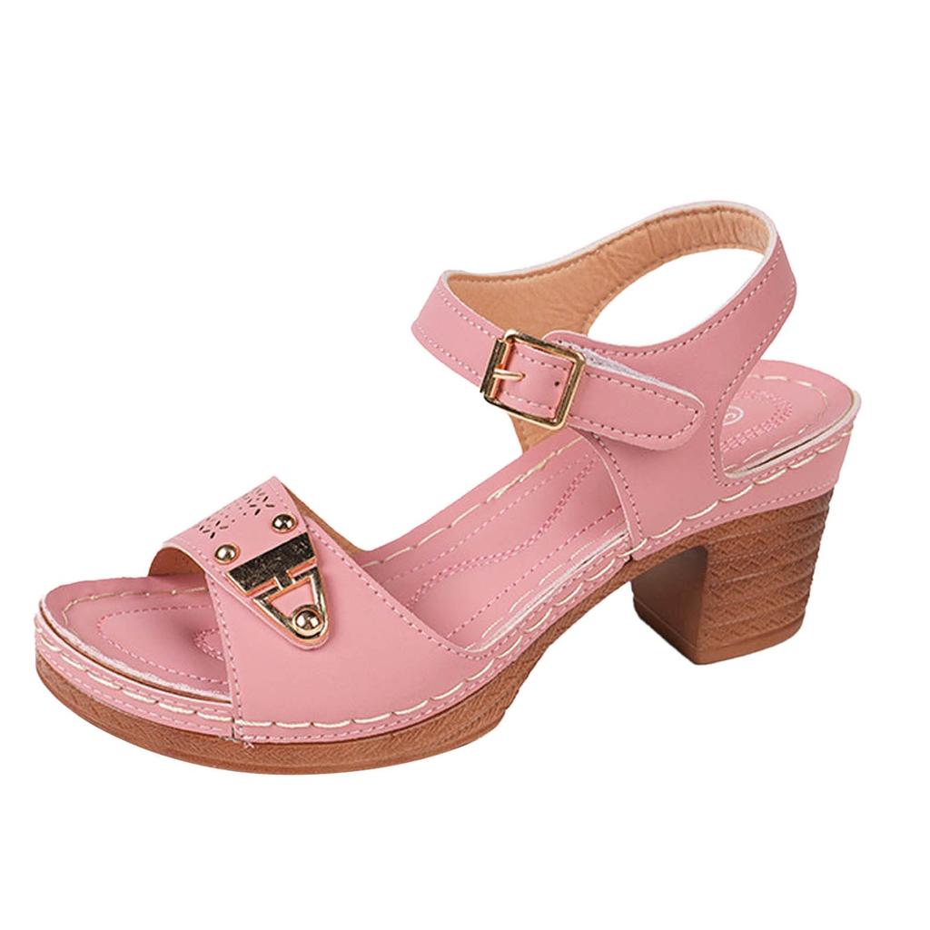 Chunky Heel Slippers For Women Artificial Leather One Line Buckle Solid Comfort Casual Wedge Heel Sandals Versatile Shallow Mouth Shoes