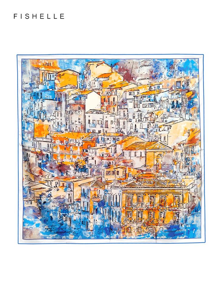 New blue yellow watercolor painted printed natural silk twill square scarf women's spring autumn real silk scarves luxury shawl