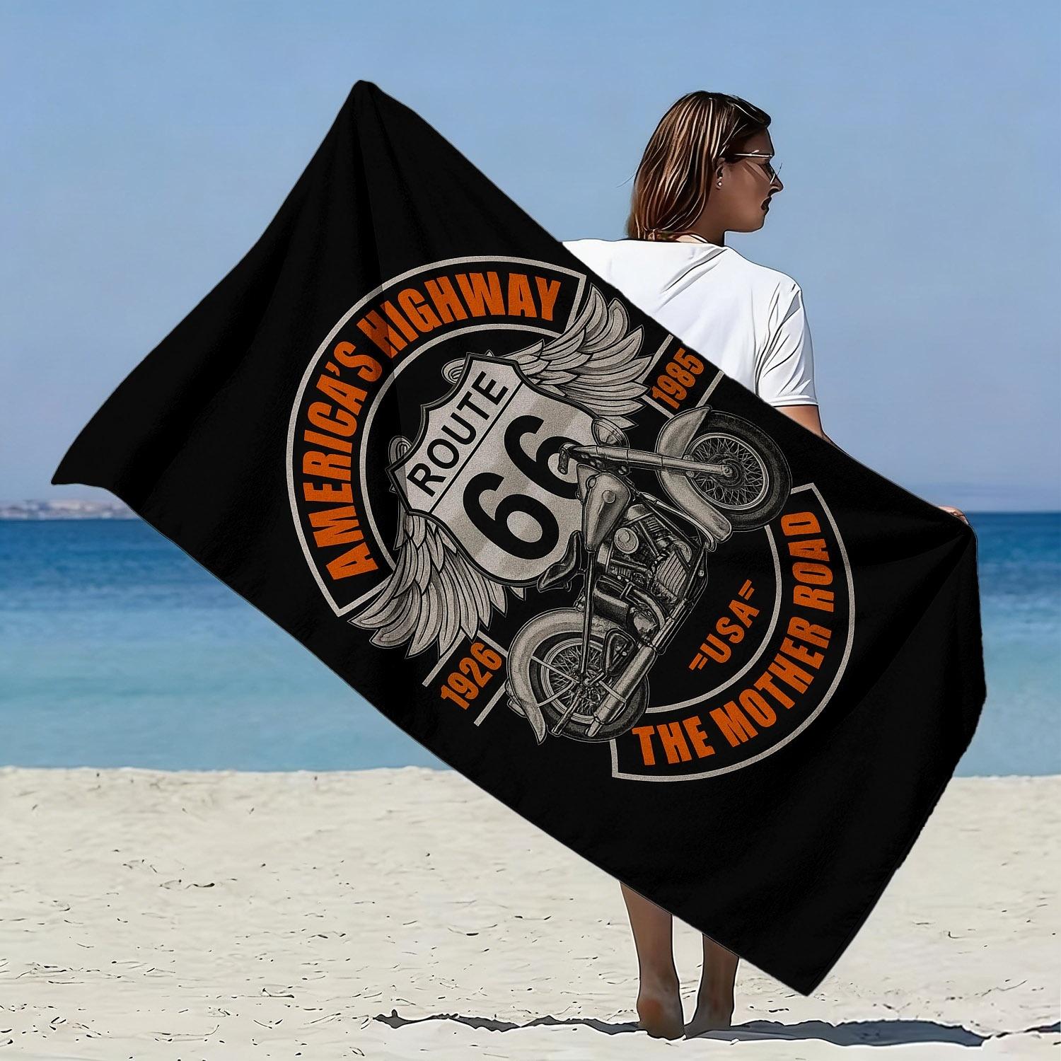 Lang Pattong White Theme Of Route 66 In The United States Polyester Microfiber Beach Towel Is Highly Absorbent, Suitable For Swimming Beach Outings