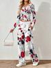 Spring and Autumn digital print women's V-neck long sleeve pants set, comfortable, casual, versatile, slim fit two-piece set