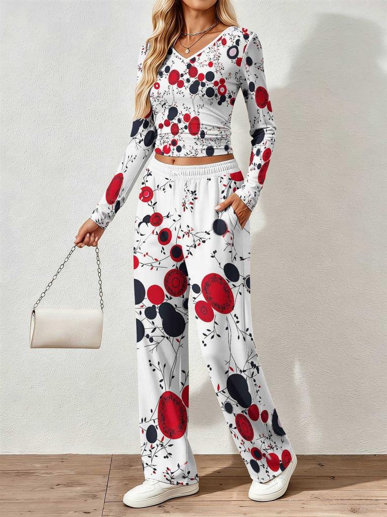 Spring and Autumn digital print women's V-neck long sleeve pants set, comfortable, casual, versatile, slim fit two-piece set