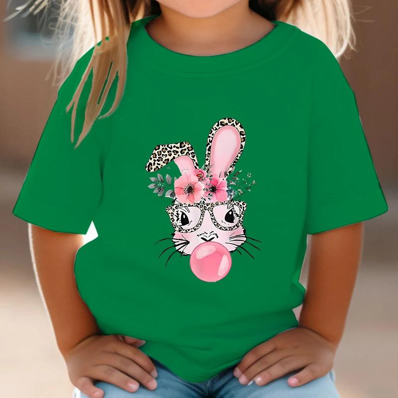 Bunny 3-14 Years Girls T-shirts Bad Cartoon Tees Bubble Sugar Rabbit Fashion Kids Tshirts Harajuku Leopard Print Bunny Tops Tees