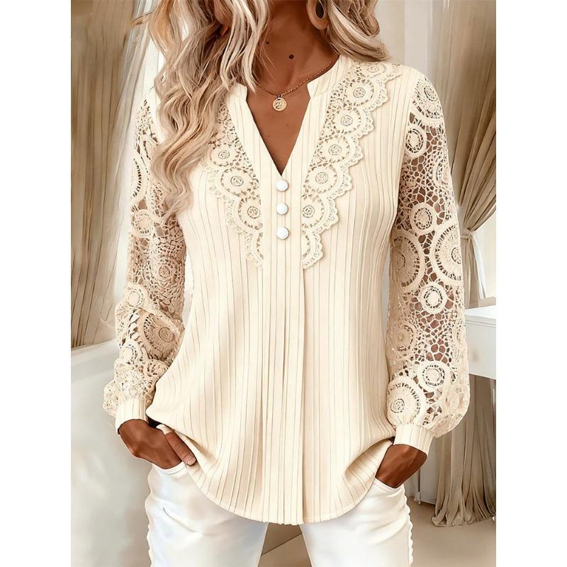 Women S V Neck Long Sleeve Lace Spliced Solid Color Blouse