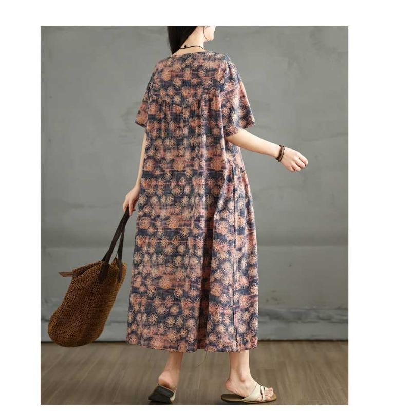 Summer Retro Cotton and Linen Round Neck Short Sleeved Dress, Women's Loose Skirt