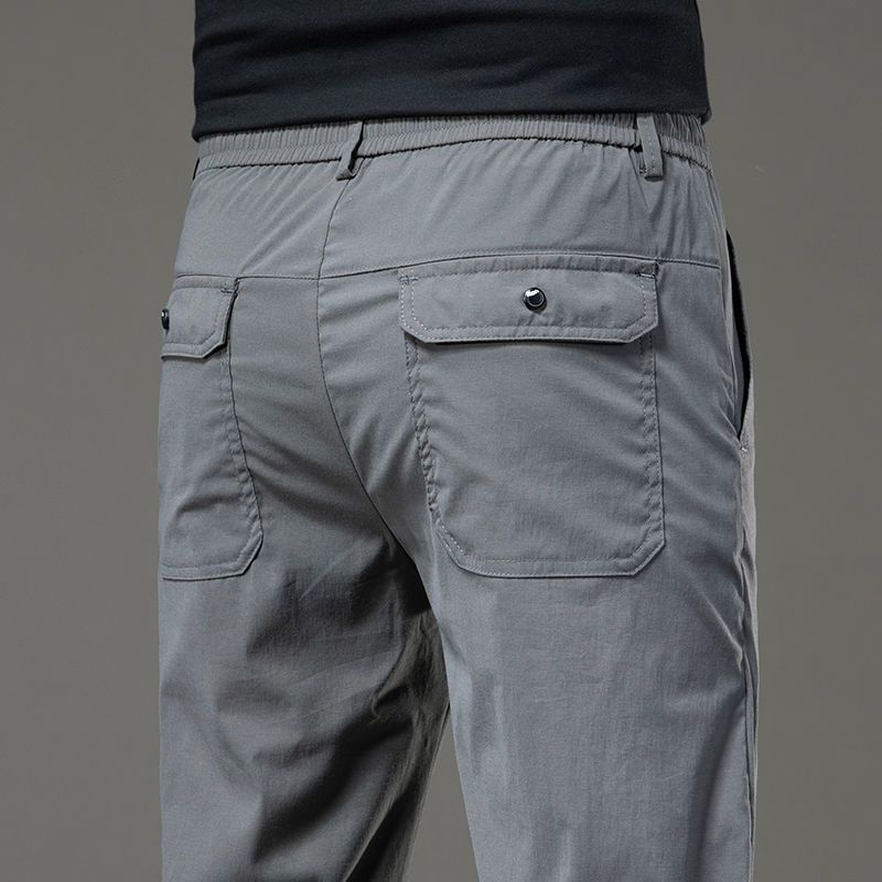 Spring Summer Cotton Men Casual Pants Elastic Waist Business Korean Fashion Straight Classic Solid Color Trousers Black Khaki