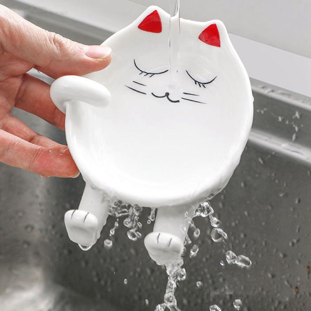 Heat Resistant Cartoon Cat Design Ceramic Utensil Rack Stove Holder Pot Lid Stand Spoon Rest