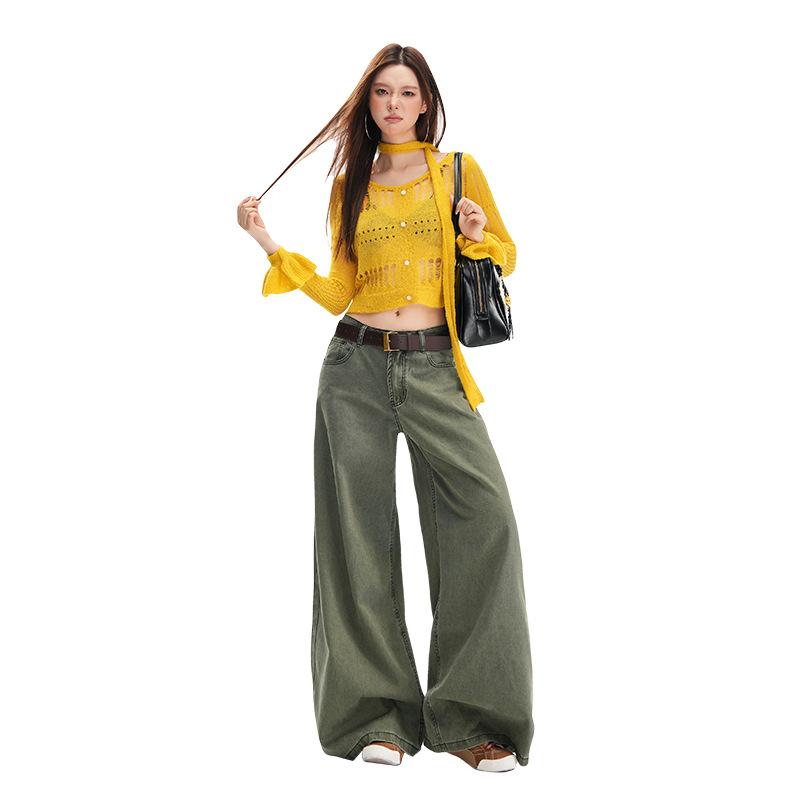 American khaki high-waisted jeans women's autumn new straight loose drape thin wide-leg floor pants
