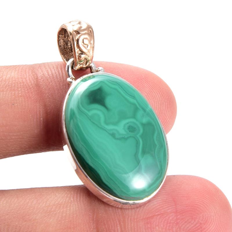 Natural Malachite Gemstone 925 Sterling Silver Gift Two Tone Pendant 1.3'' m0Y00