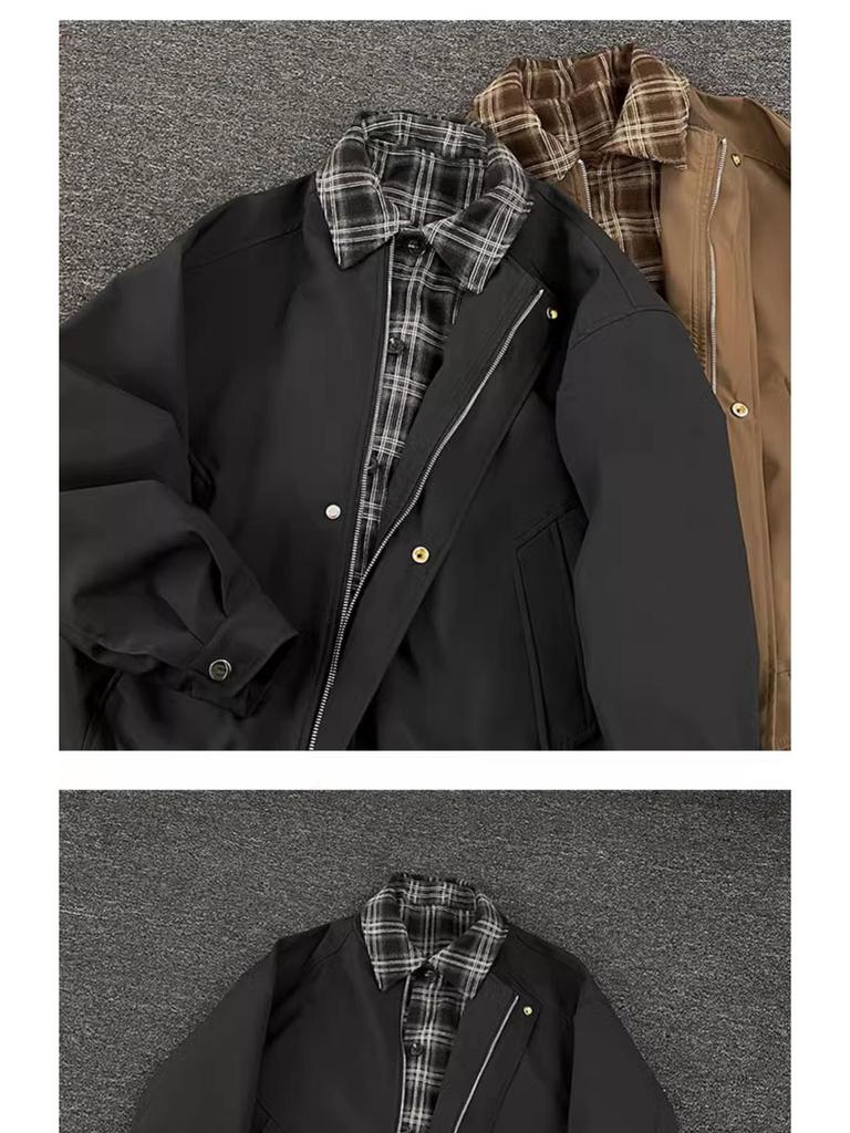 Men's Retro Plaid Patchwork Flight Jacket - Brown Casual Baseball Style