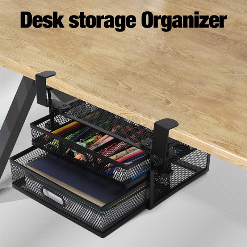 Ergonomic Office Drawer Storage Unit Black Metal Construction Double Access Compartments Under Desk Organizer