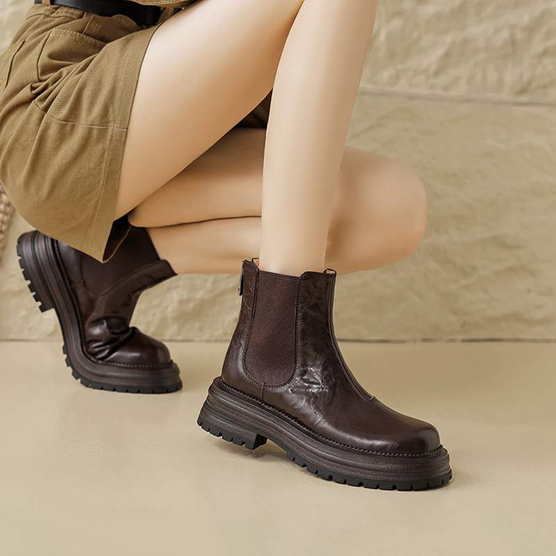 Krazing Pot Sheep Skin Round Toe Winter Med Heels Chelsea Boots Women Zipper Retro Fashion Platform Ankle Boots