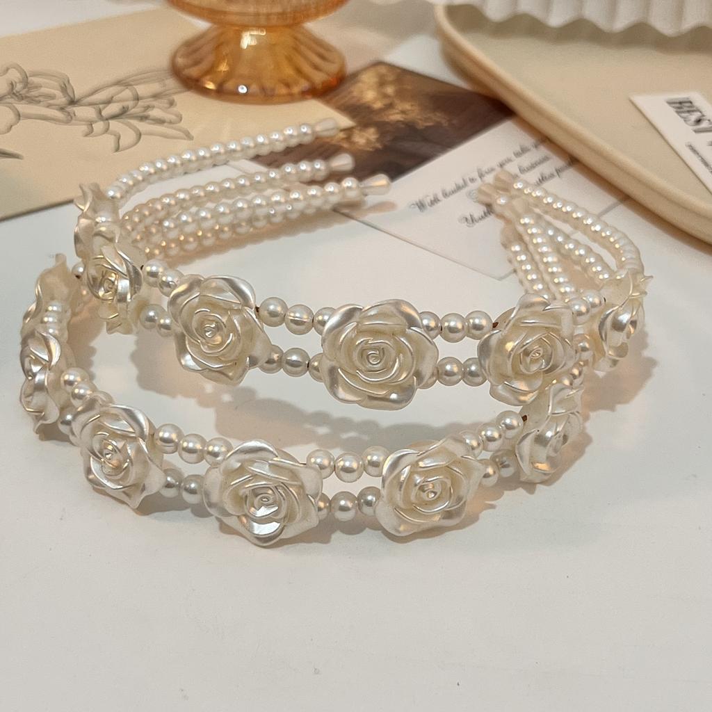 Sweet and Elegant Rose Red Faux Pearl Headband Women's Hair Accessory with Double-Layer Design, French Bridal Headpiece Suitable for Wedding