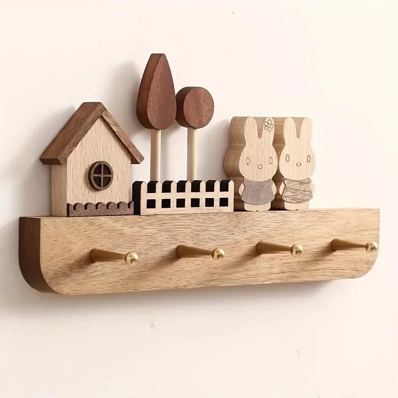 Handcrafted Wooden Key Hook Set with Cute Rabbit Figurines - Wall Mounted, Polished, and Stylish for Your Entryway