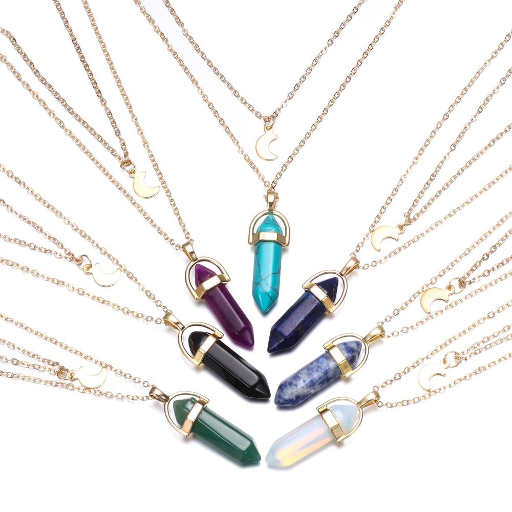 Natural Gemstone Multilayer Necklace Hexagonal Pendant Crystal Necklaces Healing Crystal Opals
