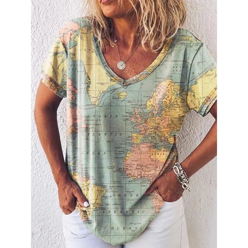 Women'S Map Print Shirt V-Neck Loose Short-Sleeved T-Shirt