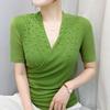 Streetwear Girl Summer Chic Beading Clothes Mesh T-Shirts Sexy V-neck Women's Tops New Casual Short Sleeve Tees