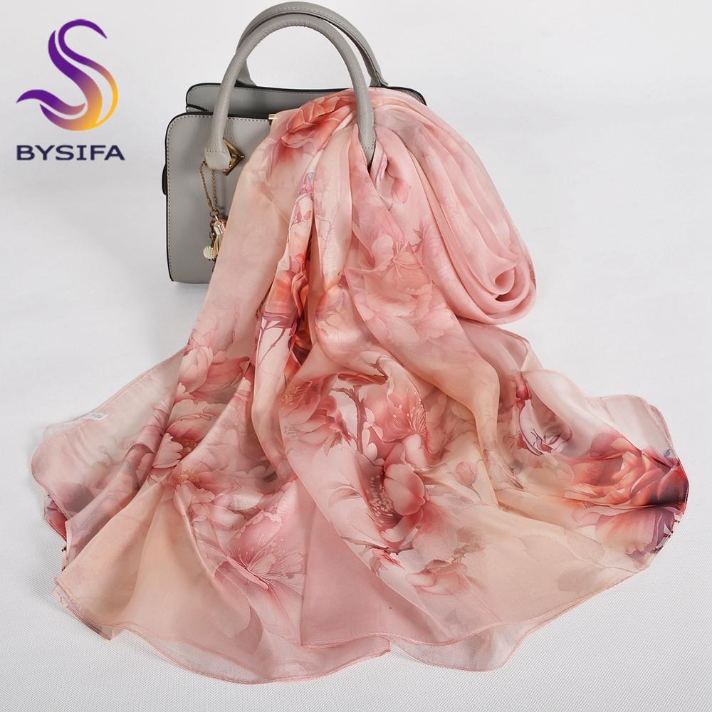 [BYSIFA] Blue Green 100% Mulberry Silk Scarf Wrap Winter Flower Design Chiffon Long Scarves Shawls Ladies Beach Shawl Echarpes