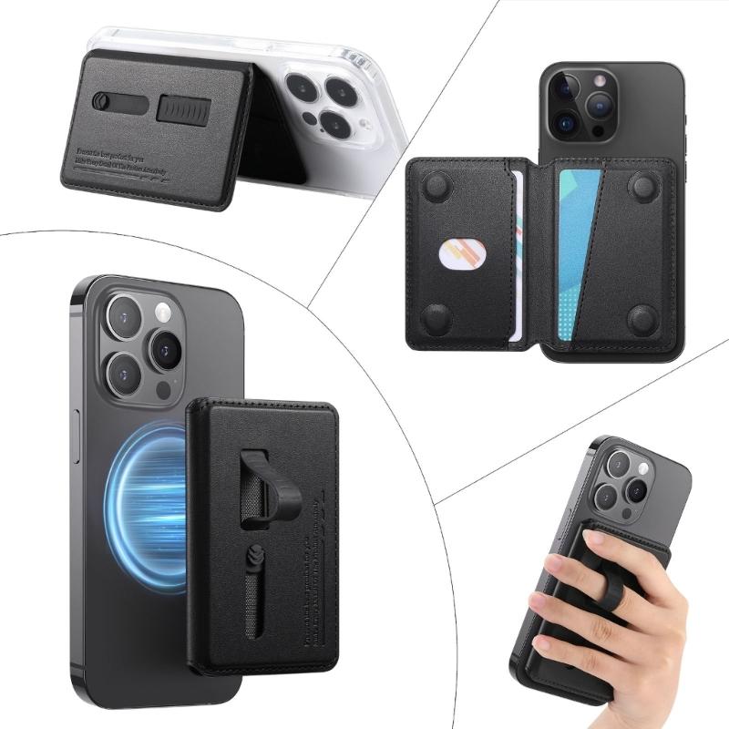 Adjustable Viewing Angle Phone Stand Card Storage Foldable Design Magnetic Backing PU Leather Construction