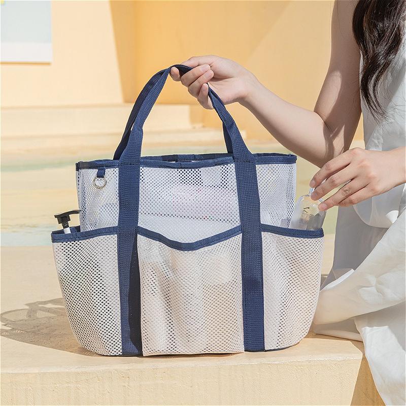Women Mesh Beach Bag Large Capacity Multi Pockets Shoulder Tote Lightweight Waterproof Travel Storage Bag Summer Handbag