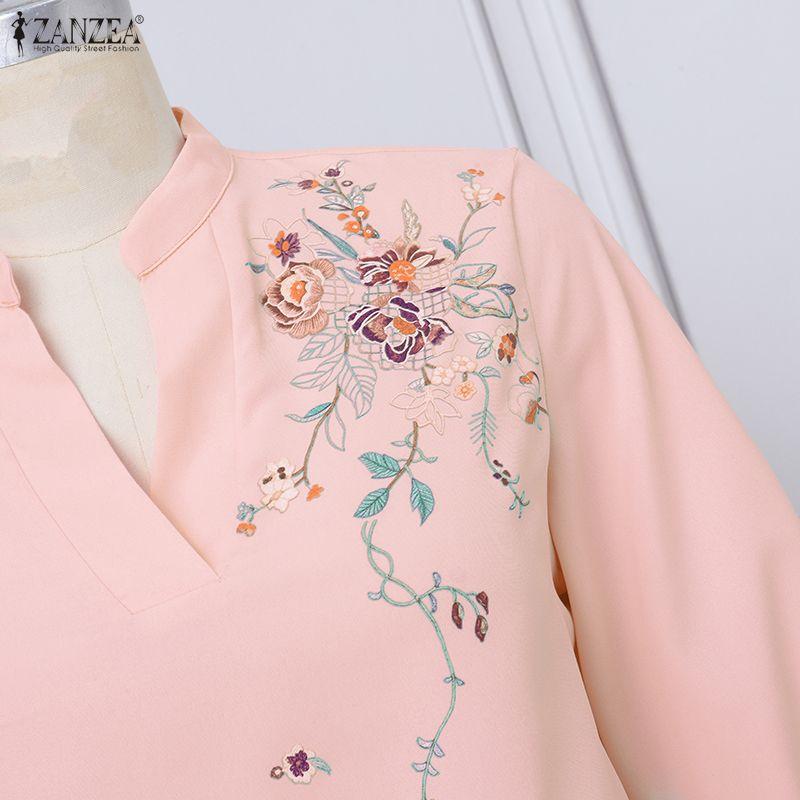 ZANZEA Women Casual V-Neck 3/4 Sleeve Loose Flora Print Blouse