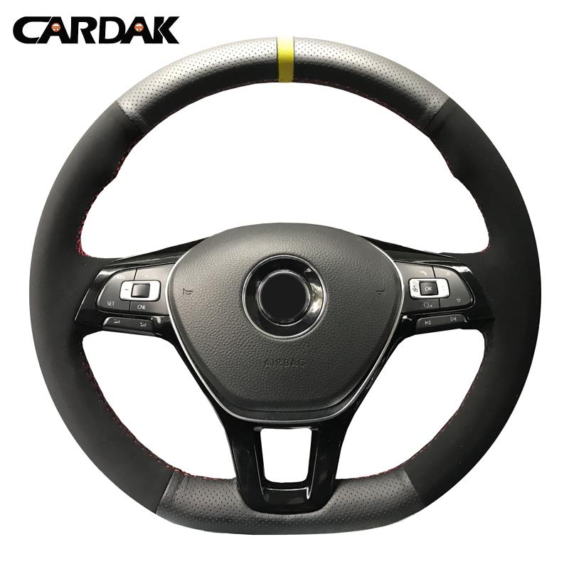 CARDAK Hand-stitched Black Suede Steering Wheel Cover for Volkswagen VW Golf 7 Mk7 New Polo Jetta Passat B8