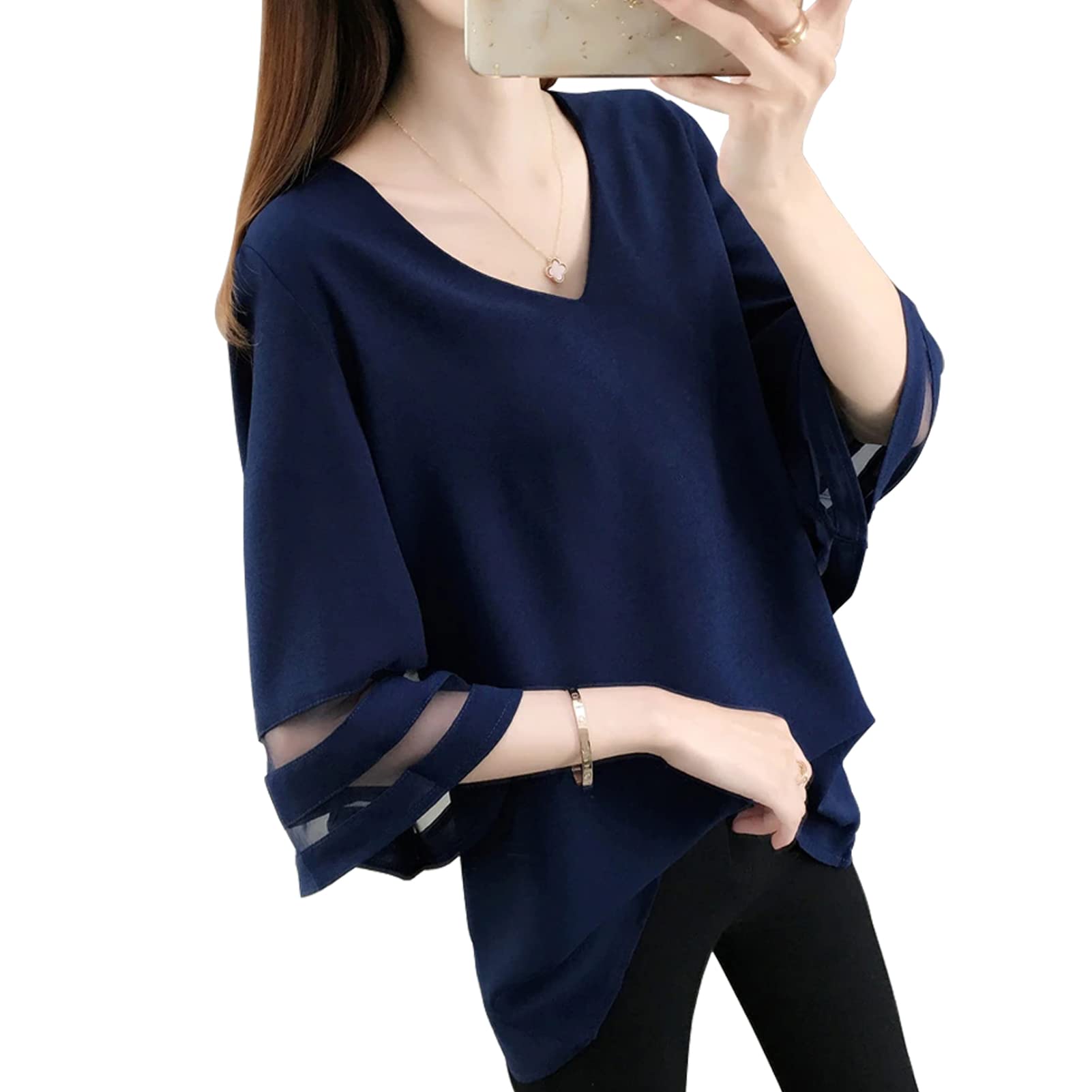 

расклешенная короткая свободная с коротким рукавом по фигуре и большая для лета [LrisIuza Echo] Рубашки, блузки, женские топы, офис, повседневный, рукава, V-образный вырез, шифон,