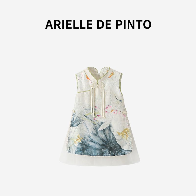 Французское платье в китайском стиле для девочек Arielle De Pinto, летнее, новое, с лотосом и жемчугом, платье в стиле Ханьфу White 140