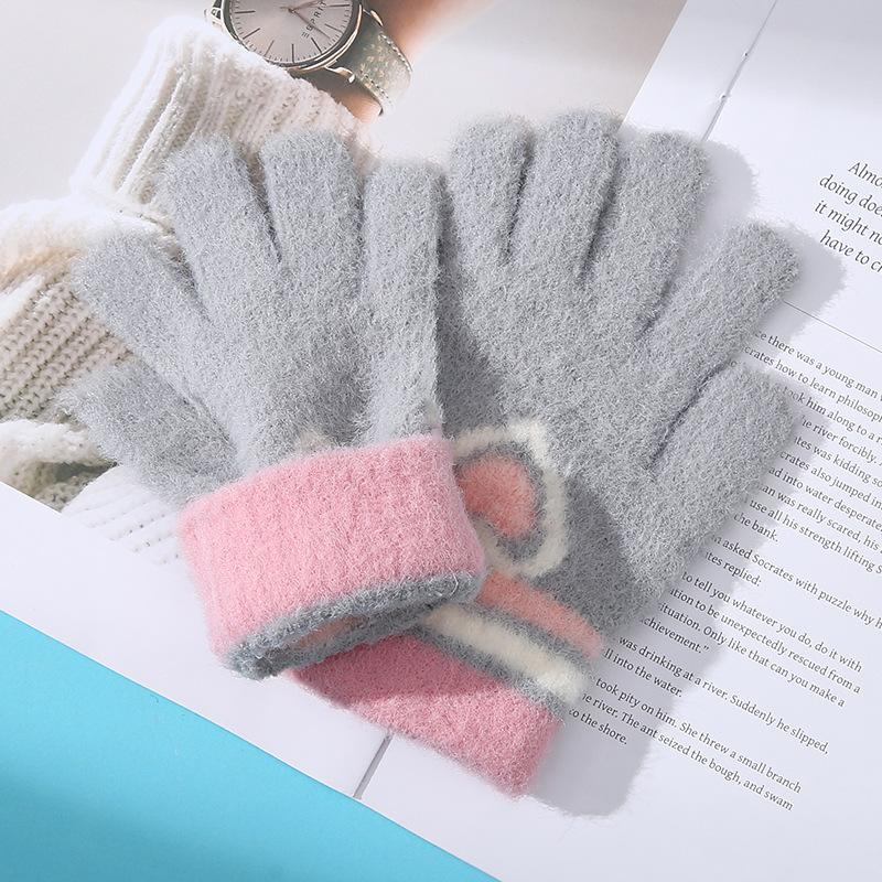 Neue Liebe Gestreiftes Mädchen Warme Handschuhe Winter Kältefest und Verdickt Kinder Gestrickt Fahrrad Spielen Schnee Schreiben Fünf Finger